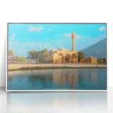 Art deco poster of a Middle Eastern landscape in muted earth tones, acrylic framed, ideal for modern nursery decor.