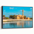 Black and white framed canvas of a vintage Middle Eastern landscape, suitable for bedroom wall art.