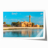 Rolled print of a Middle Eastern scenery with floral accents in soft pastel colors, suitable for dining room or bathroom.