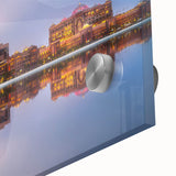 Large abstract wall art of Abu Dhabi skyline in muted gray and blue tones on acrylic glass, ideal for dining room decor.