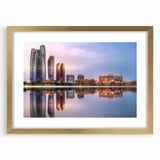 Extra large abstract art print of Abu Dhabi scenery in muted gold tones, framed with mat, ideal for living room decor.