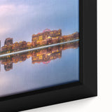 Extra large framed canvas depicting a textured black skyline of Abu Dhabi with vibrant, colorful art accents.