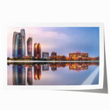 Extra large rolled print of Abu Dhabi skyline in muted earth tones, ideal for art wall dining room.