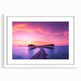 Abstract art print of a serene Oceania Fiji scenery in muted blue and green hues on a framed white mat.