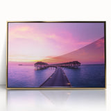 Framed acrylic print of a serene Fiji beachscape, featuring soft pastel colors and mid-century modernist style.