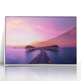 Art deco poster of a Fiji beach scene in pastel blue and white, framed acrylic, ideal for modern nursery wall art.