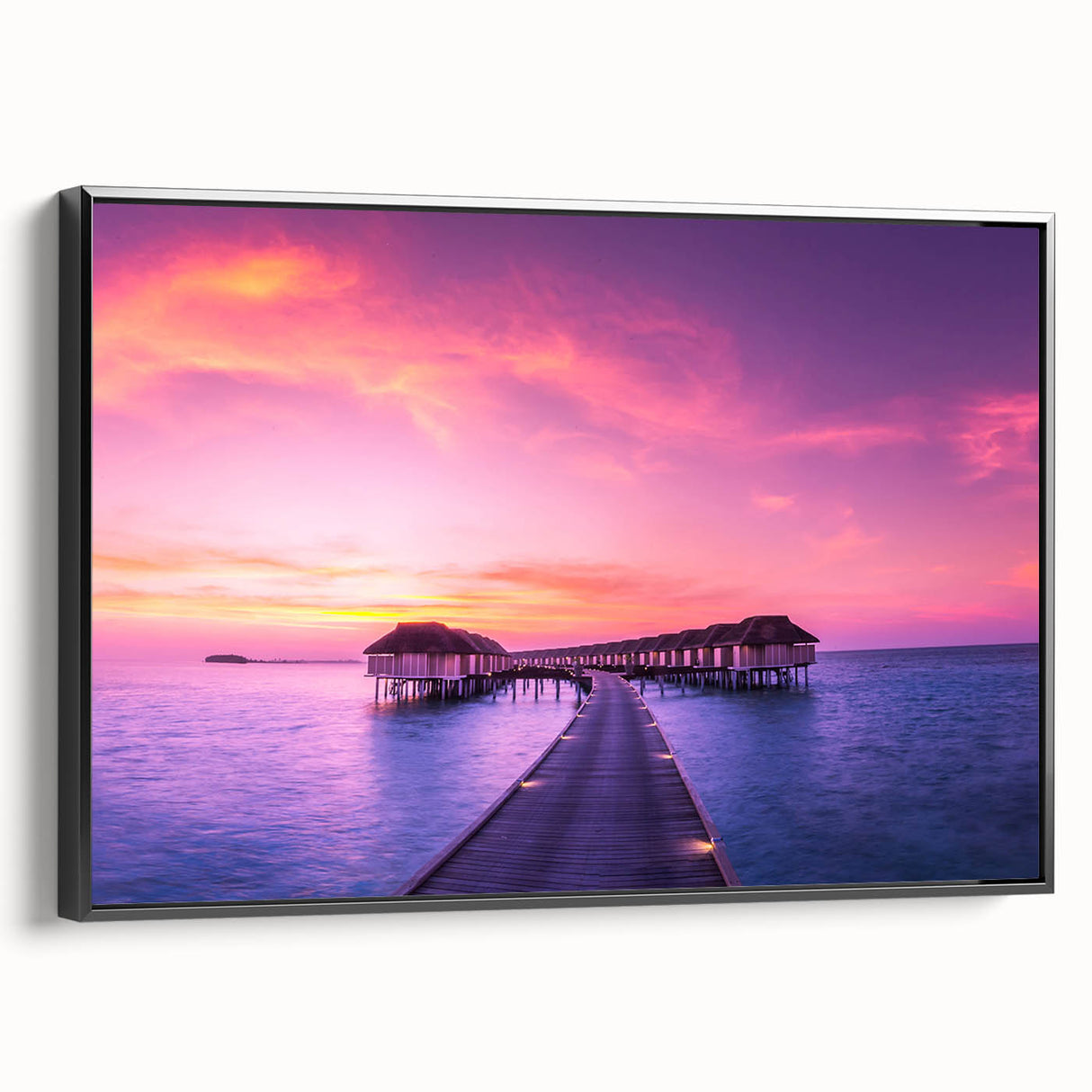Black and white landscape art painting of a serene Fiji scenery on framed canvas, ideal for bedroom wall decor.