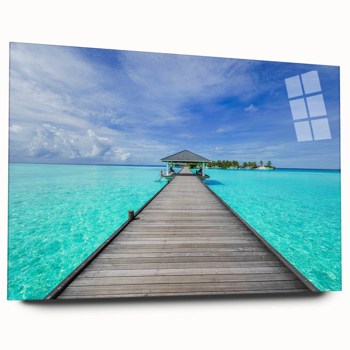 Large abstract ocean view with vibrant blue and turquoise tones on acrylic glass, ideal for bedroom or dining room art.