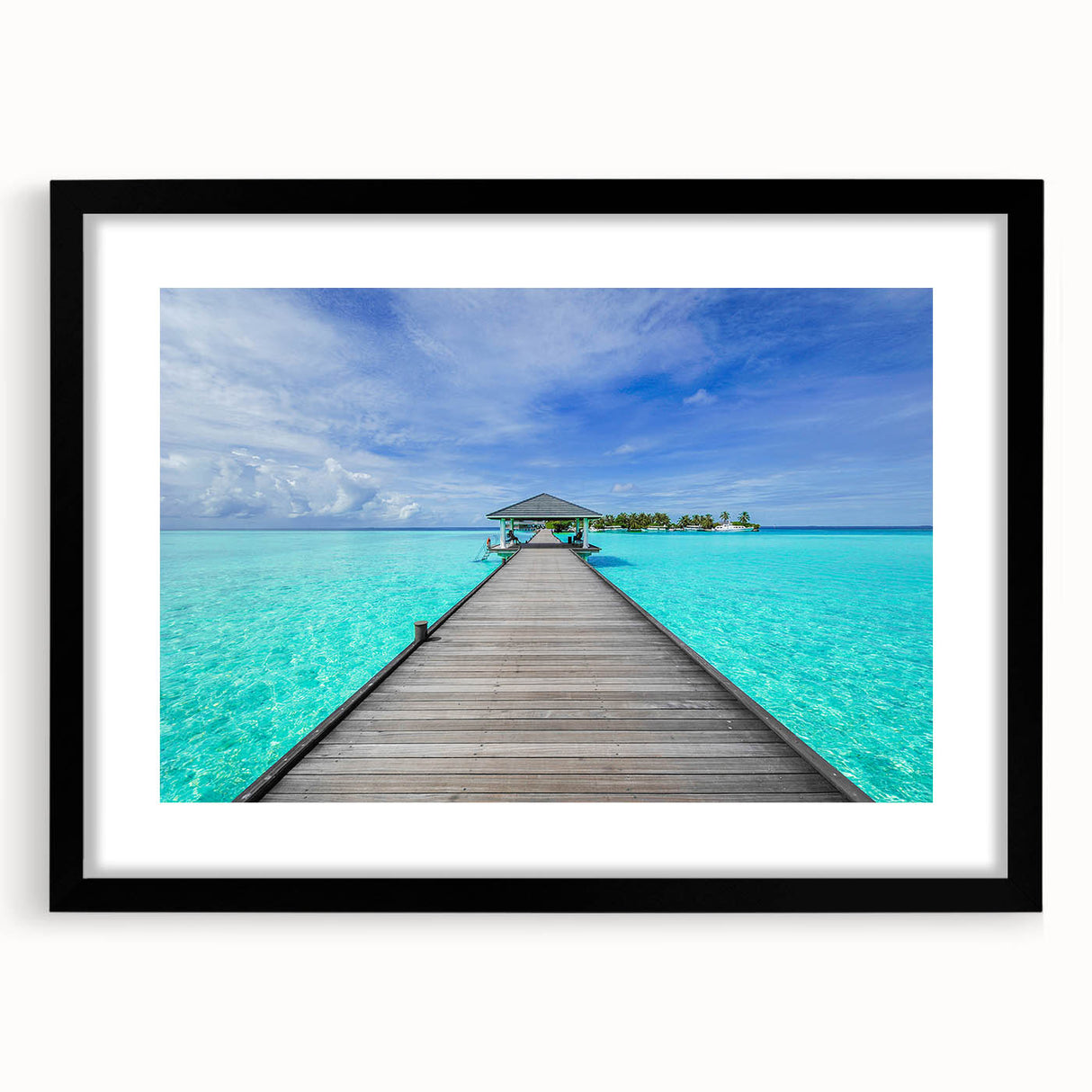 Extra large abstract art print of a colorful, textured scenery of Bora Bora, mounted in a black frame with mat.