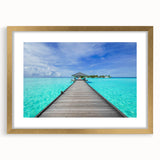 Extra large abstract art print of French Polynesia's Bora Bora in textured shades of blue and green, framed in gold.