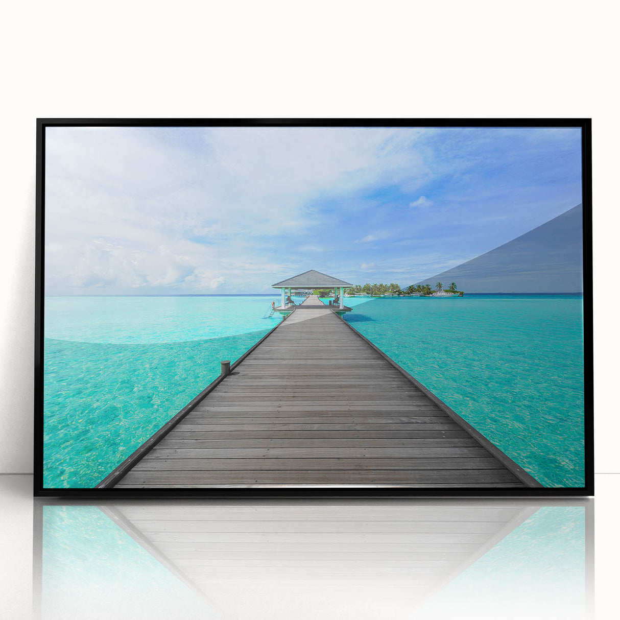 Large abstract wall art depicting the serene Bora Bora landscape in muted blue and green tones, framed in black acrylic.