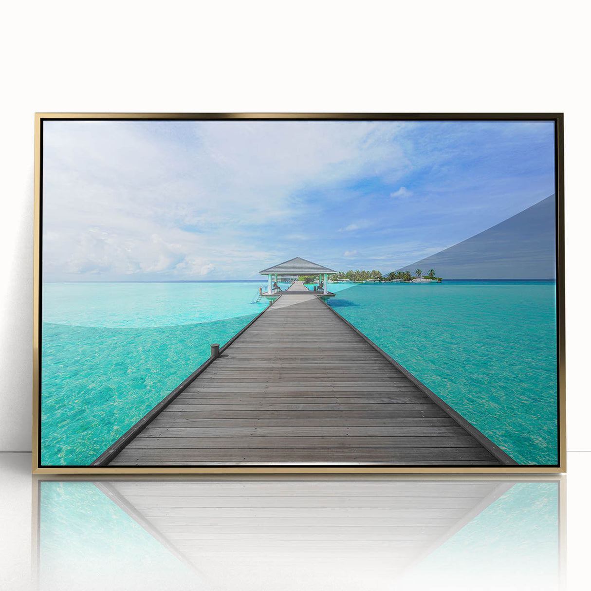 Mid-century modernist style acrylic print of a serene Bora Bora landscape, in soft blue and green hues, framed in gold.