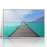 Art deco poster of Bora Bora landscape in pastel colors on white framed acrylic, suitable for modern nursery decor.