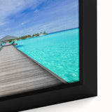 Framed canvas featuring a textured depiction of Bora Bora with vivid blue and green tones, ideal for large living room walls.