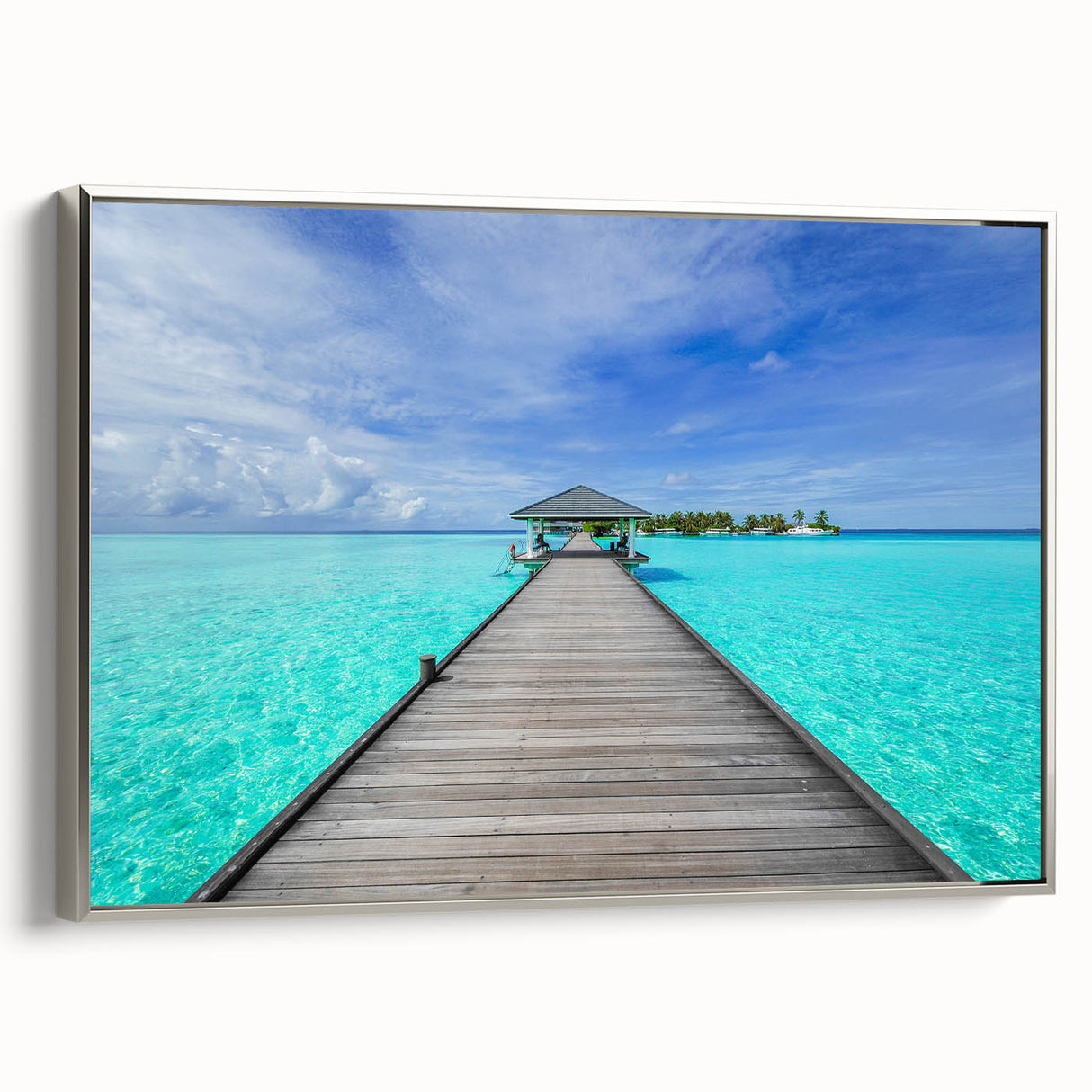 Framed canvas landscape art painting depicting Bora Bora's tranquil beach and palm trees in vivid colors.