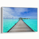 Vintage poster art of Bora Bora with vibrant ocean blues and lush greens on a framed canvas, ideal for living room decor.