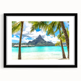 Colorful abstract art print of a Tahitian landscape in vibrant hues on a large textured canvas, ideal for living room decor.