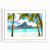 Abstract art print of a serene Tahitian landscape in muted blue and green tones, framed in white.