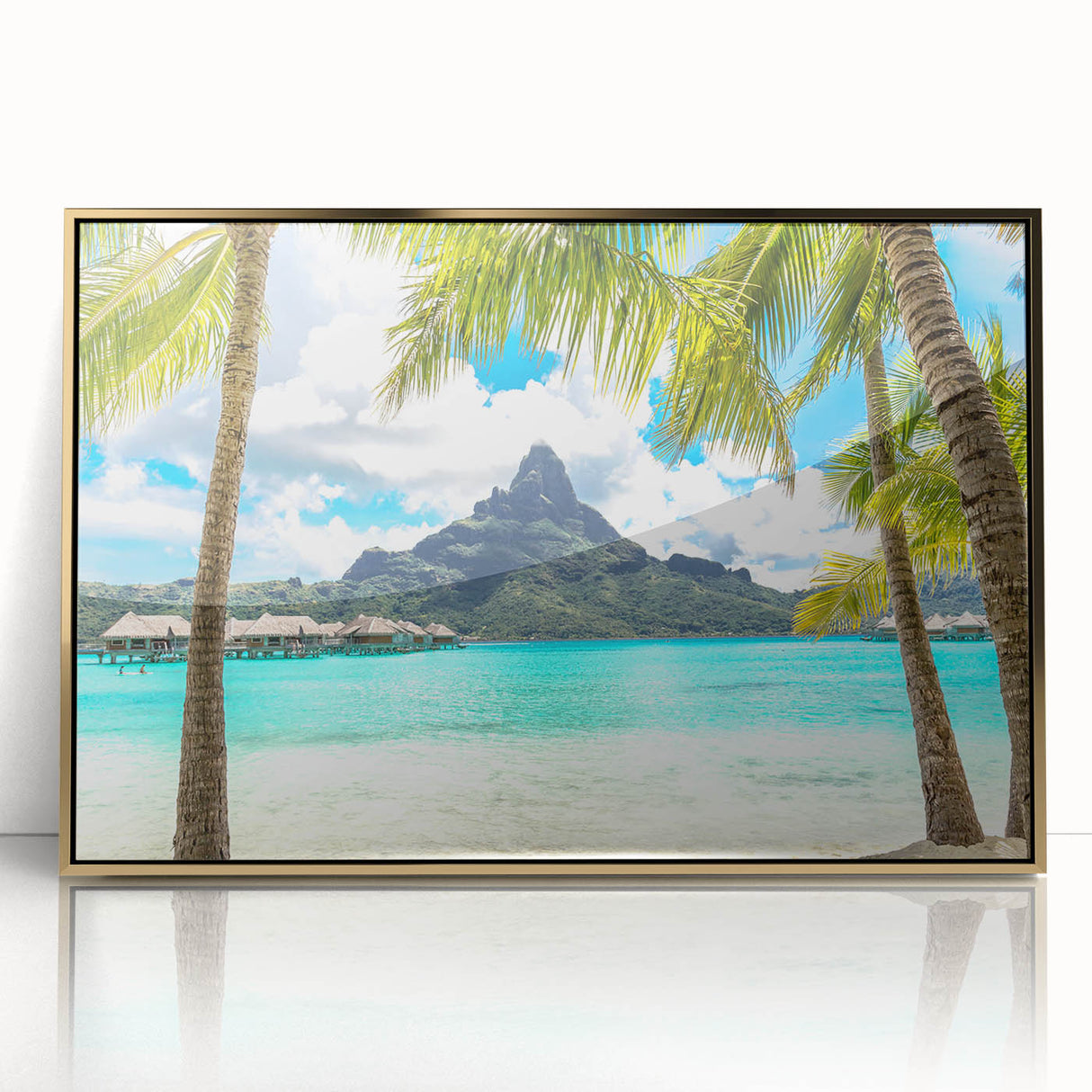 Framed acrylic print of a Tahitian landscape in mid-century modernist style, featuring muted ocean and sky tones.