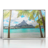 Art deco poster of Tahiti shoreline in pastel blue and pink, acrylic print in white frame, ideal for modern nursery wall art.