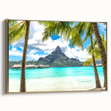 Framed canvas of a Tahitian landscape in muted earth tones, ideal for bedroom wall art.