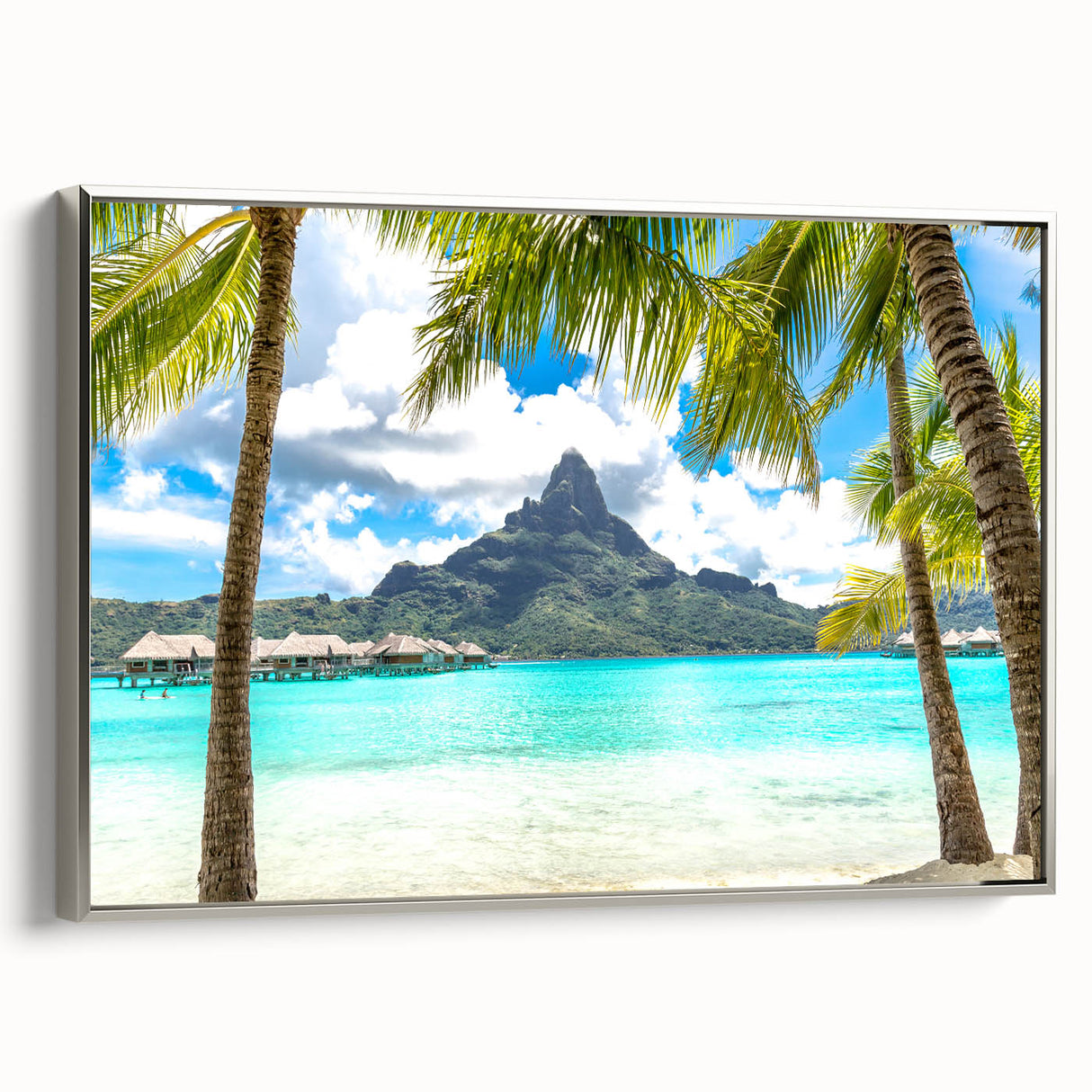Framed canvas landscape art painting of Tahiti with vivid blue ocean and sky tones, ideal for enhancing living room decor.