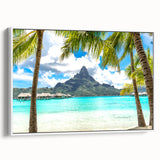 Vintage poster art of a Tahitian landscape on framed canvas, featuring vibrant colors and ideal for living room decor.