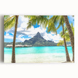 Black and white panoramic view of Tahiti's coastline on stretched canvas, suitable for kitchen wall art.