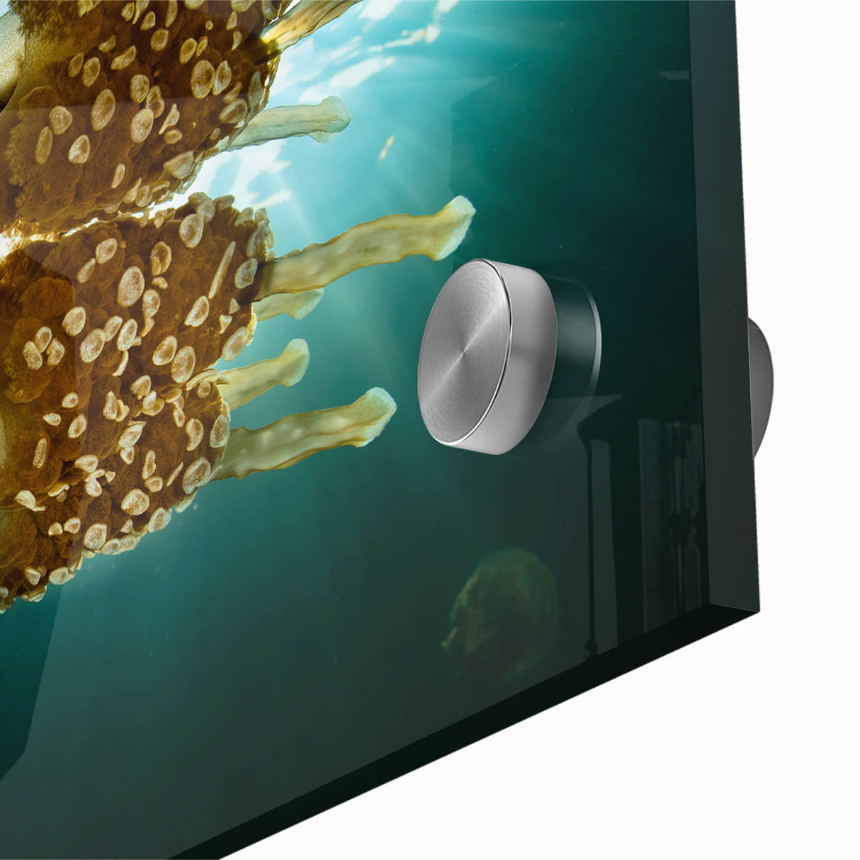 Large abstract oceanic scene in muted blue and green tones on acrylic glass, ideal for dining room art.
