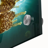 Large abstract oceanic scene in muted blue and green tones on acrylic glass, ideal for dining room art.