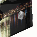 Large abstract depiction of Auckland's skyline in muted blue and gray tones on acrylic glass, suitable for dining room art.