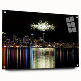 Acrylic print of Auckland skyline in muted blue tones, ideal for modern bedroom or dining room decor.