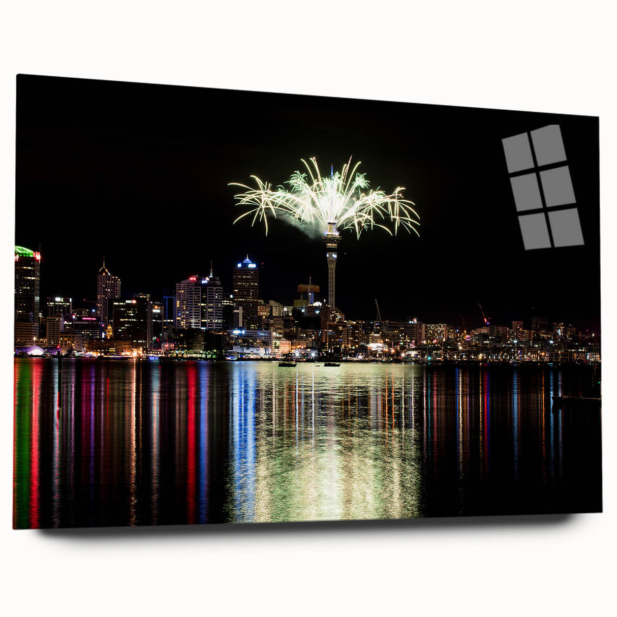 Large abstract depiction of Auckland's skyline in muted blue and gray tones on an acrylic glass.