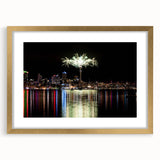 Extra large abstract art print of Auckland skyline in textured gold frame, ideal for living room decor.