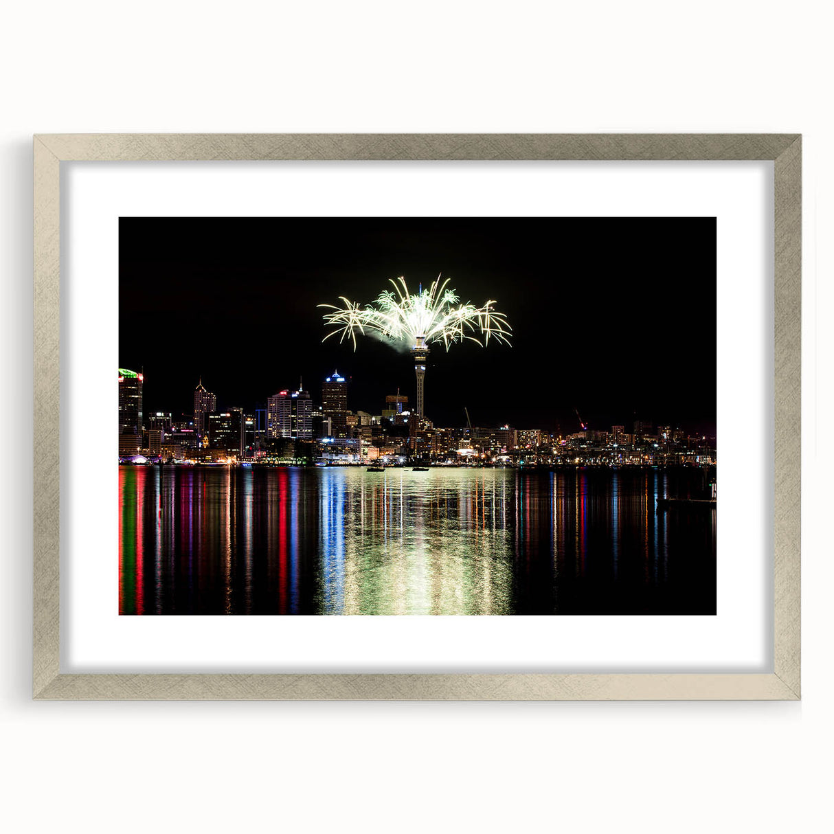 Textured abstract art print of Auckland skyline in muted blue and gray tones on a framed silver mat.