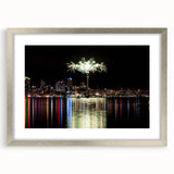 Textured abstract art print of Auckland skyline in muted blue and gray tones on a framed silver mat.