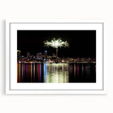 Abstract art print of Auckland skyline in muted blue and gray tones on a framed white canvas, suitable for dining room decor.