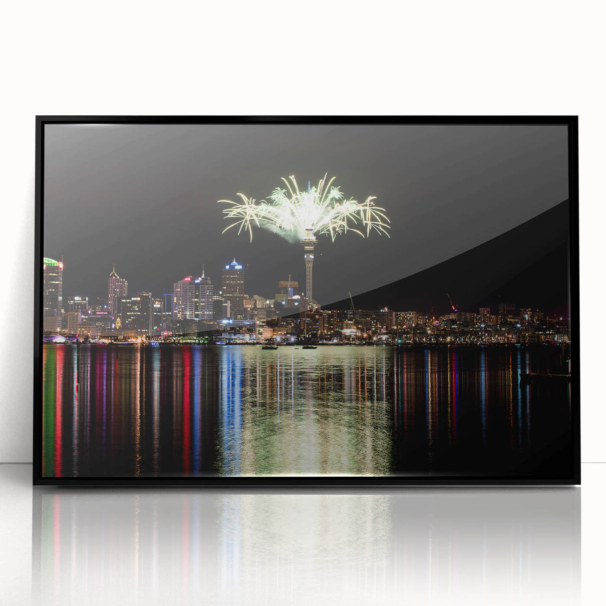 Large abstract wall art of Auckland's skyline in muted gray tones on a framed acrylic, ideal for modern living room decor.