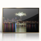 Large art print of Auckland skyline in muted earth tones on a gold-framed acrylic, suitable for modern art wall decor.