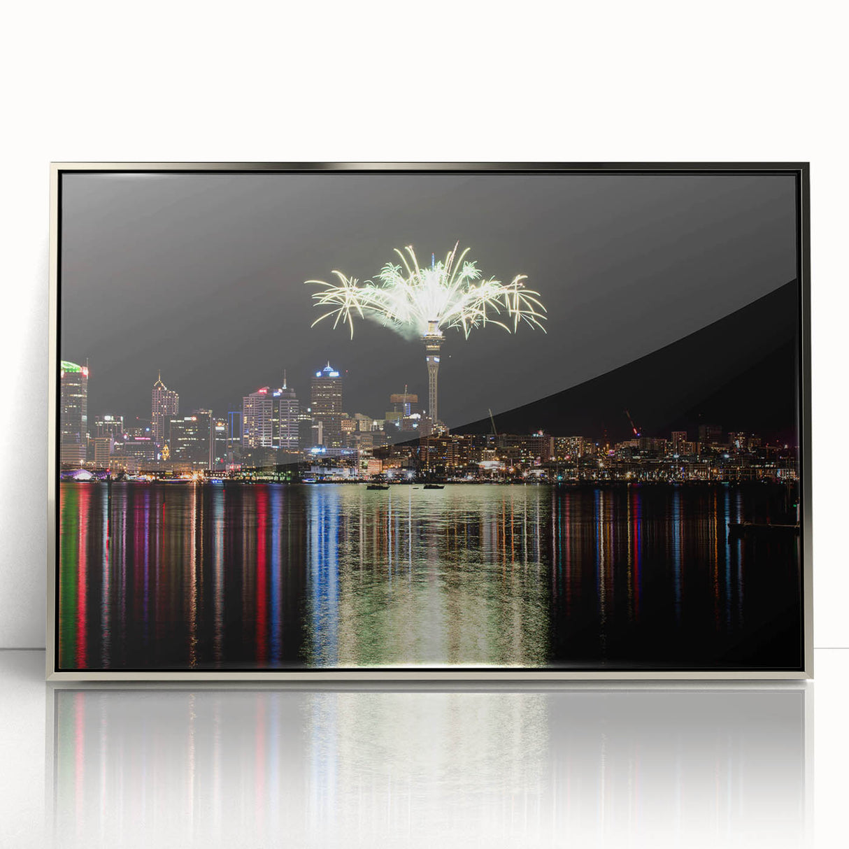 Mid-century modernist art depicting the Auckland skyline in muted blue and silver hues on a framed acrylic print.