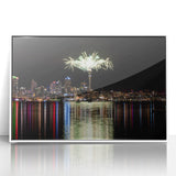 Art deco poster of Auckland skyline in muted blue tones on framed acrylic, ideal for modern bedroom ambiance.