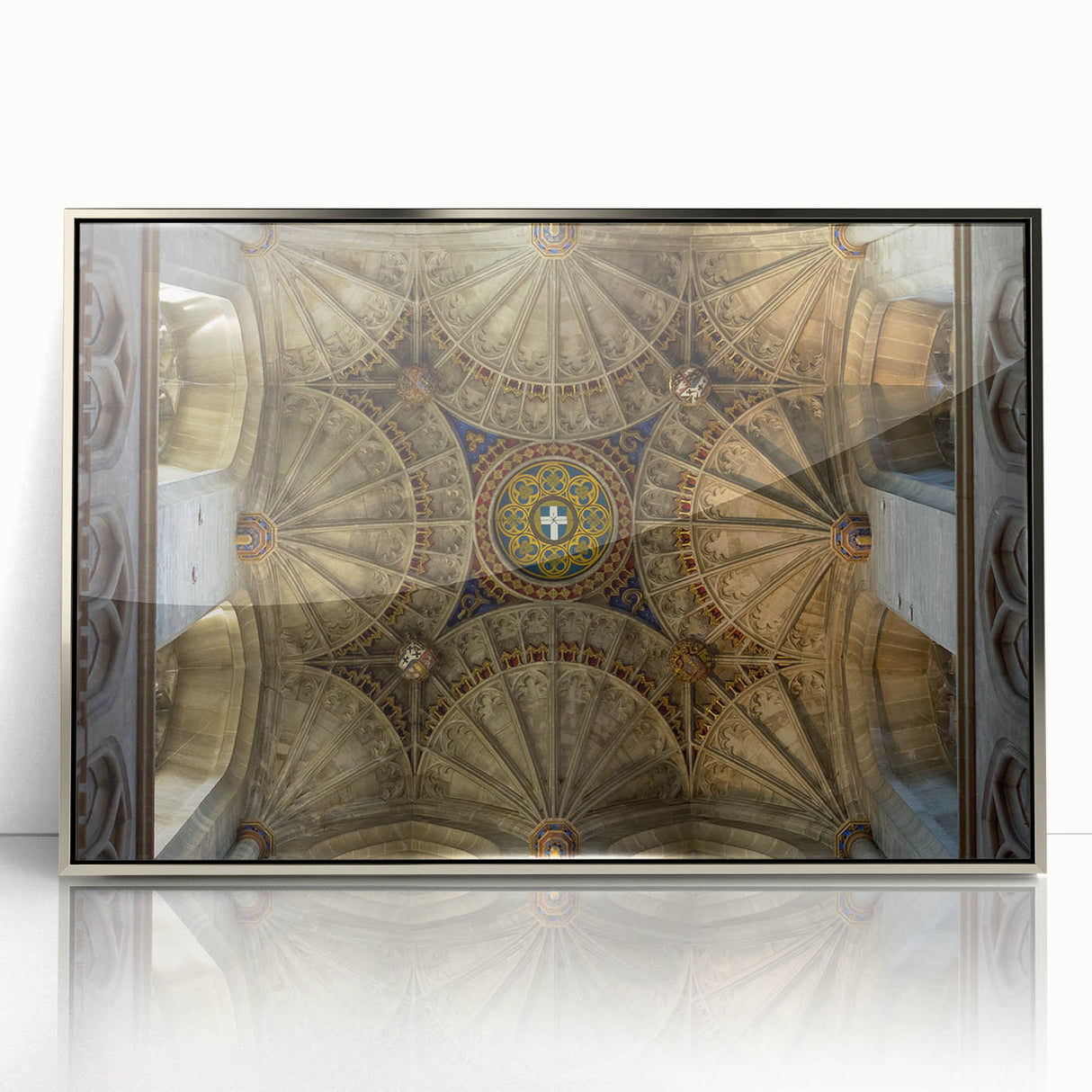 Mid-century modernist art depicting Canterbury, New Zealand scenery in muted earth tones on a silver-framed acrylic.