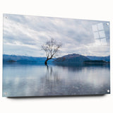 Acrylic print of a serene New Zealand Otago landscape, in soft blue and green tones, ideal for bedroom or dining room decor.