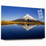 Large abstract wall art of Mount Taranaki in muted earth tones on acrylic glass, suitable for bedroom or dining room decor.