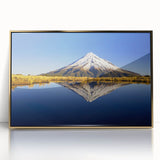 Large art print of Taranaki, New Zealand in mid-century modernist style, with muted earth tones on framed acrylic.