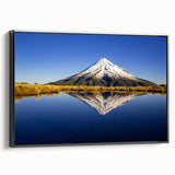 Black and white wall art featuring the Taranaki landscape in New Zealand on a framed canvas, suitable for bedroom decor.