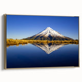Framed canvas featuring a vintage-style landscape of Taranaki, New Zealand in black and gold tones.