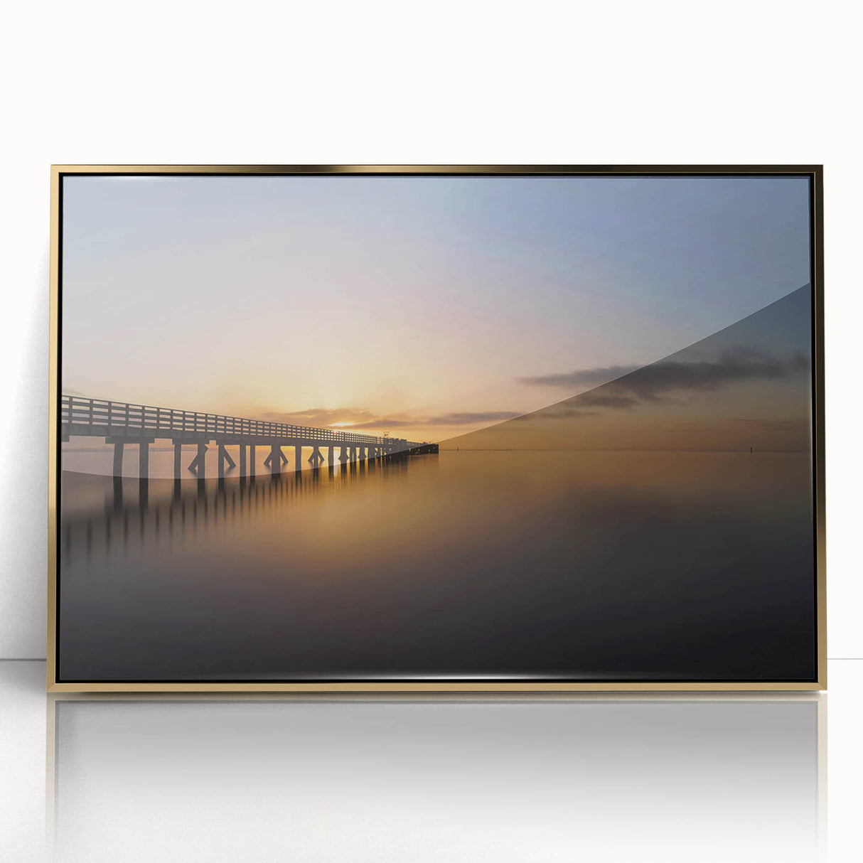Large art print of New Zealand's West Coast in a gold-framed acrylic, featuring mid-century modernist style.