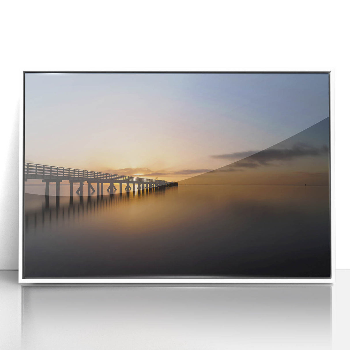 Acrylic print of a serene New Zealand West Coast scenery in muted blue and green tones, framed in white.