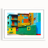 Abstract art print of Buenos Aires cityscape in muted gray and blue tones on a framed white mat, ideal for dining room decor.